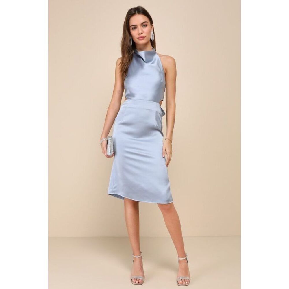 NWT-Lulus Immaculate Presence Light Blue Satin Halter Tie-back Midi Dress - M